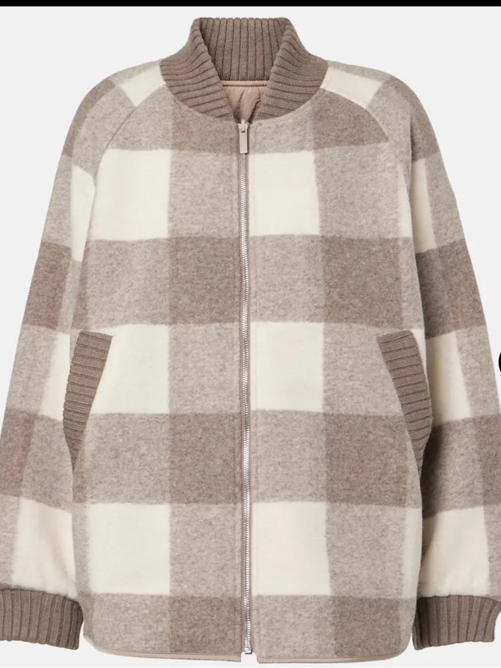 Varley Beige and Cream Checked Zip-Front Bomber Jacket
